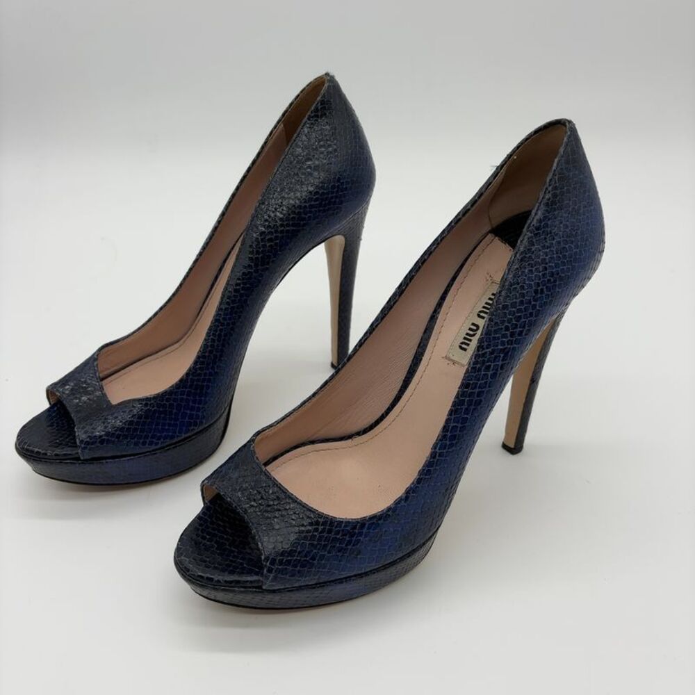 Miu Miu Python Embossed Peep Toe Pumps - image 1